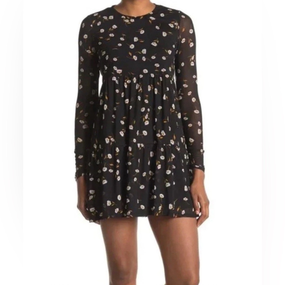 AFRM Dress Sz Medium Black Floral Mini Open Back Babydoll Sheer Mesh Long Sleeve